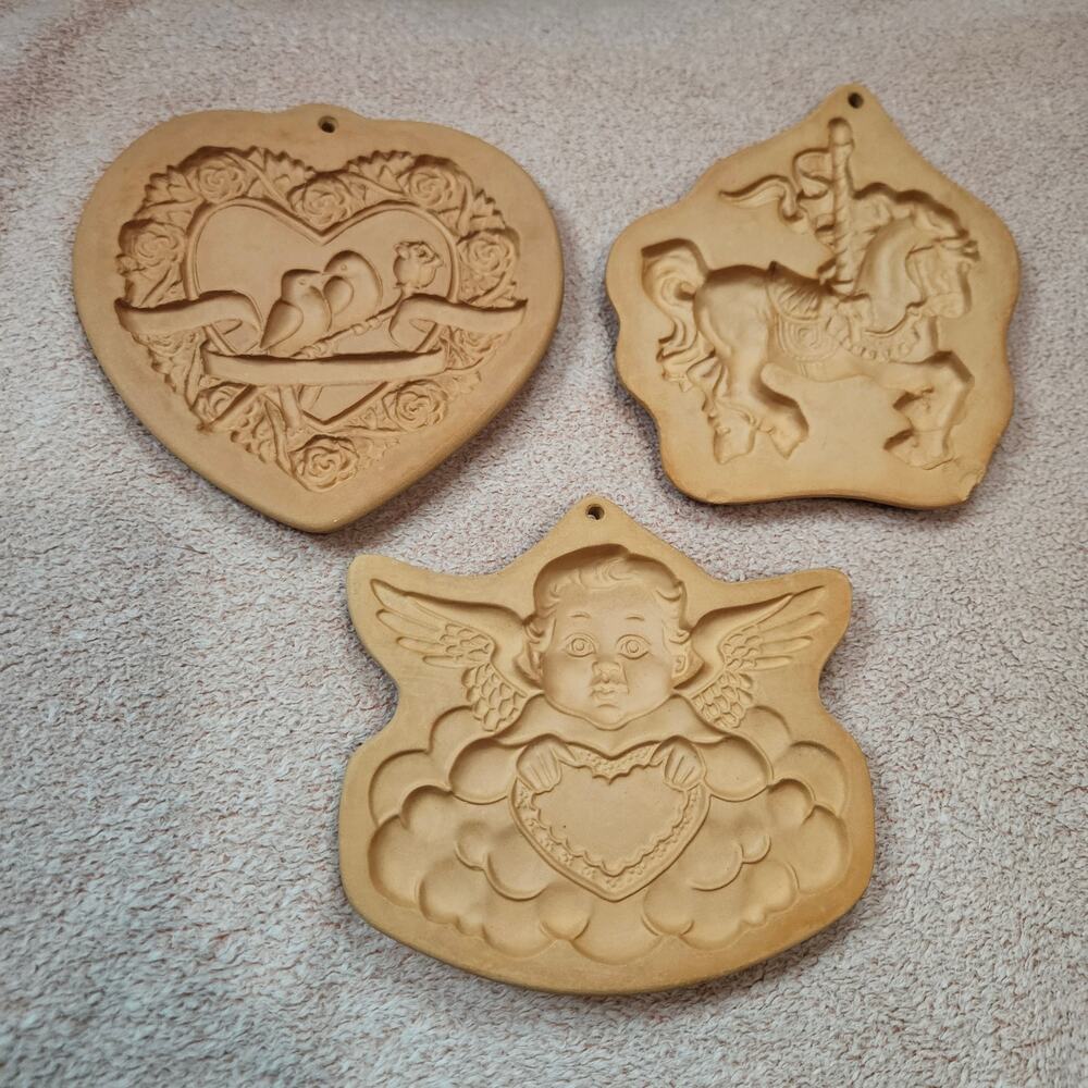 3 Vintage Cotton Press Terracotta Cookie Molds: Angel, Carousel Horse,&Lovebirds
